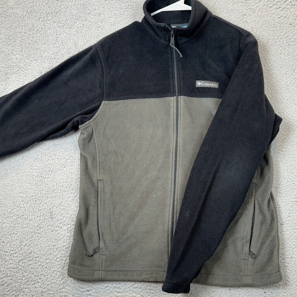 Columbia Fleece Jacket Mens Medium Black Grey Full Zip Colorblock Mock Neck Logo